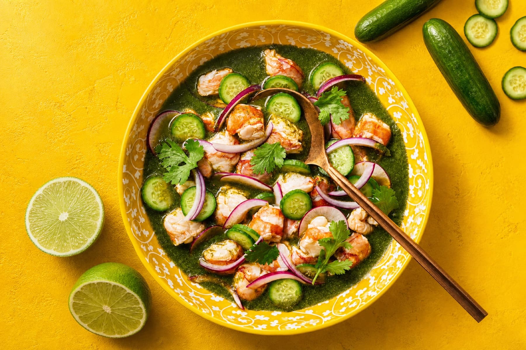 Aguachile fresco con camarón, pepino y limón