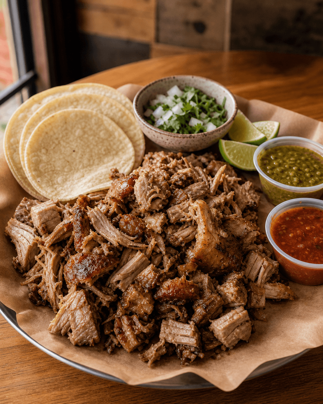 Carnitas con tortillas y salsas
