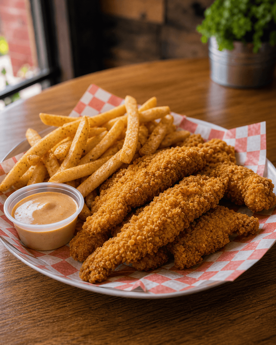 Chicken strips con papas y salsa
