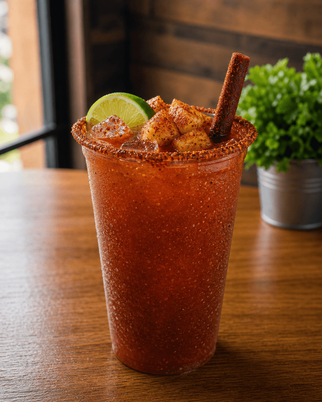 Michelada preparada con chile, limón y rim de chamoy