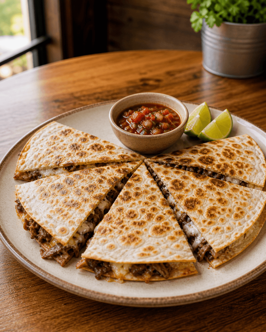 Quesadilla dorada con queso en plato casual