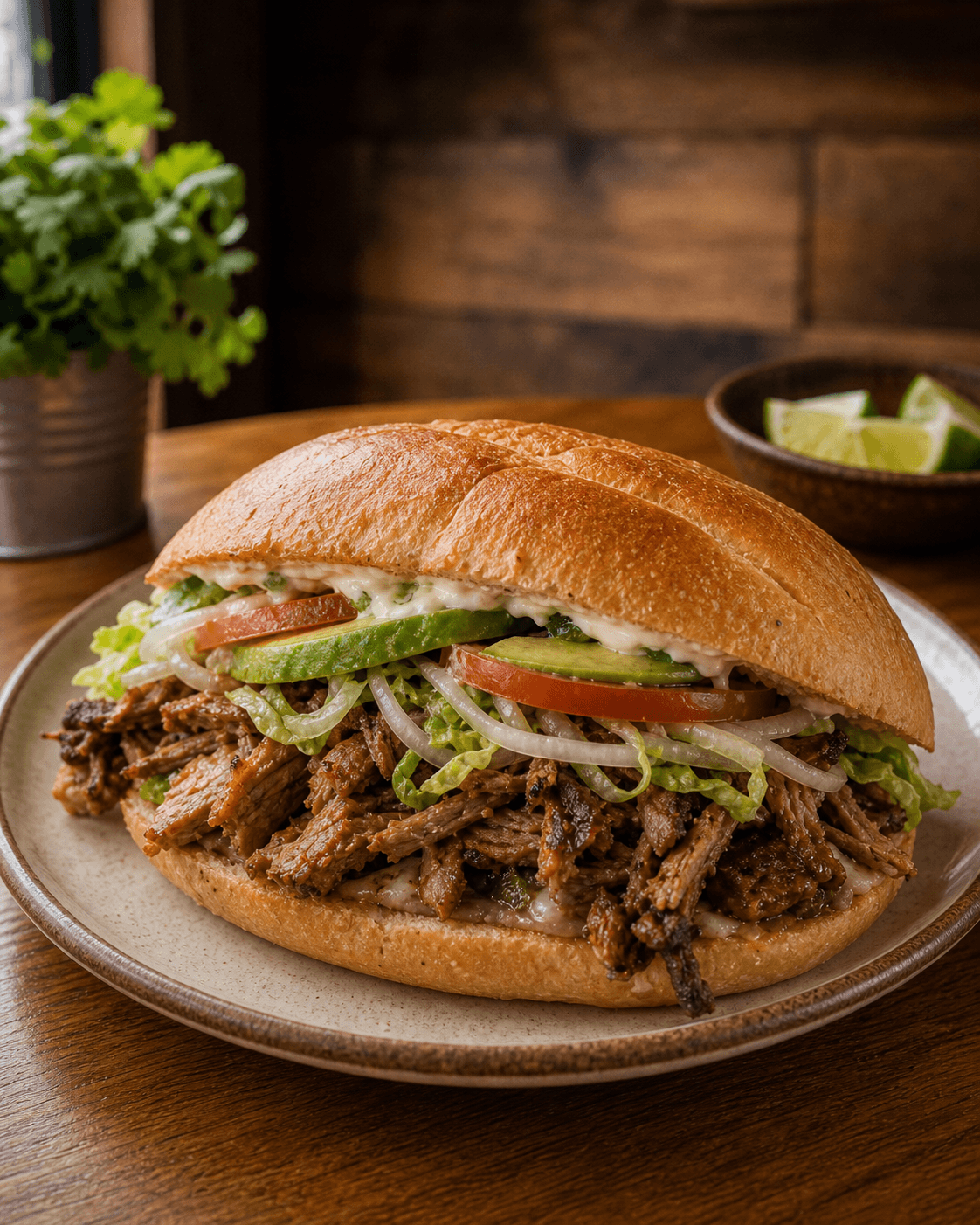 Torta mexicana con carne, aguacate y verduras