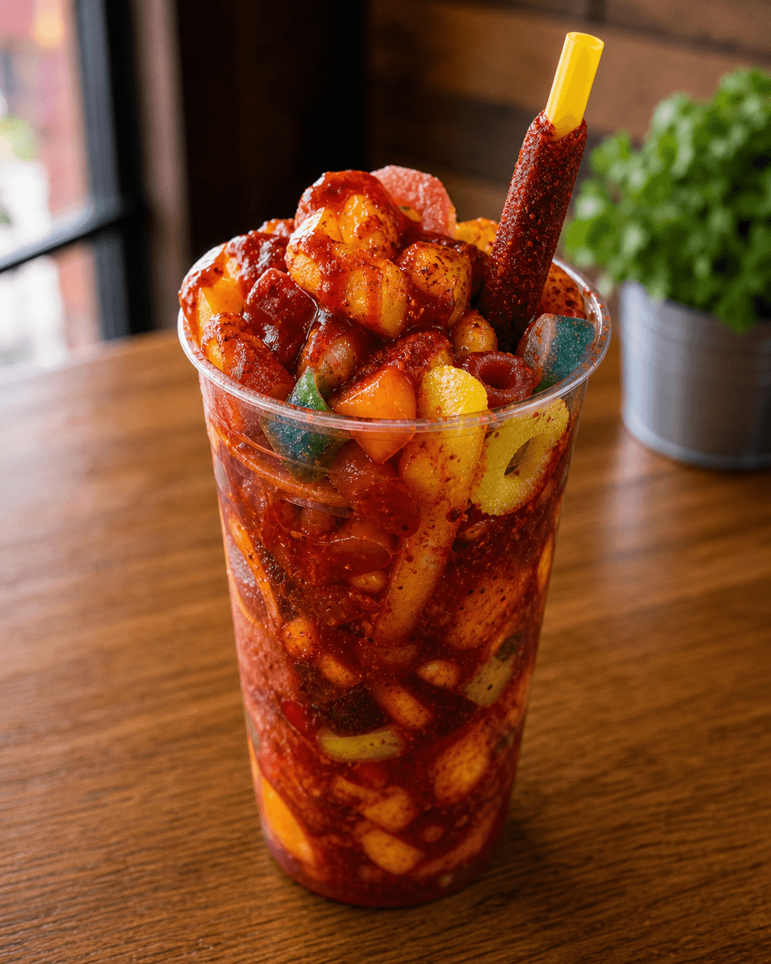 Vaso loco con chamoy, chile, fruta y dulces